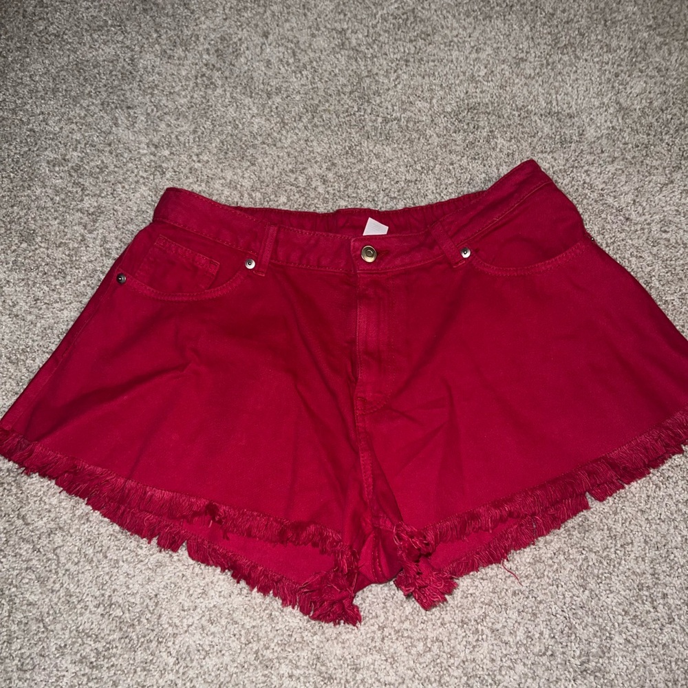 H&M Red Jean Shorts with Frayed Hem